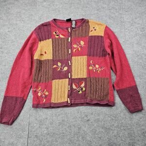 Vintage Erika Sweater Womens Medium Patchwork Embroidered Cardigan Knit Fall